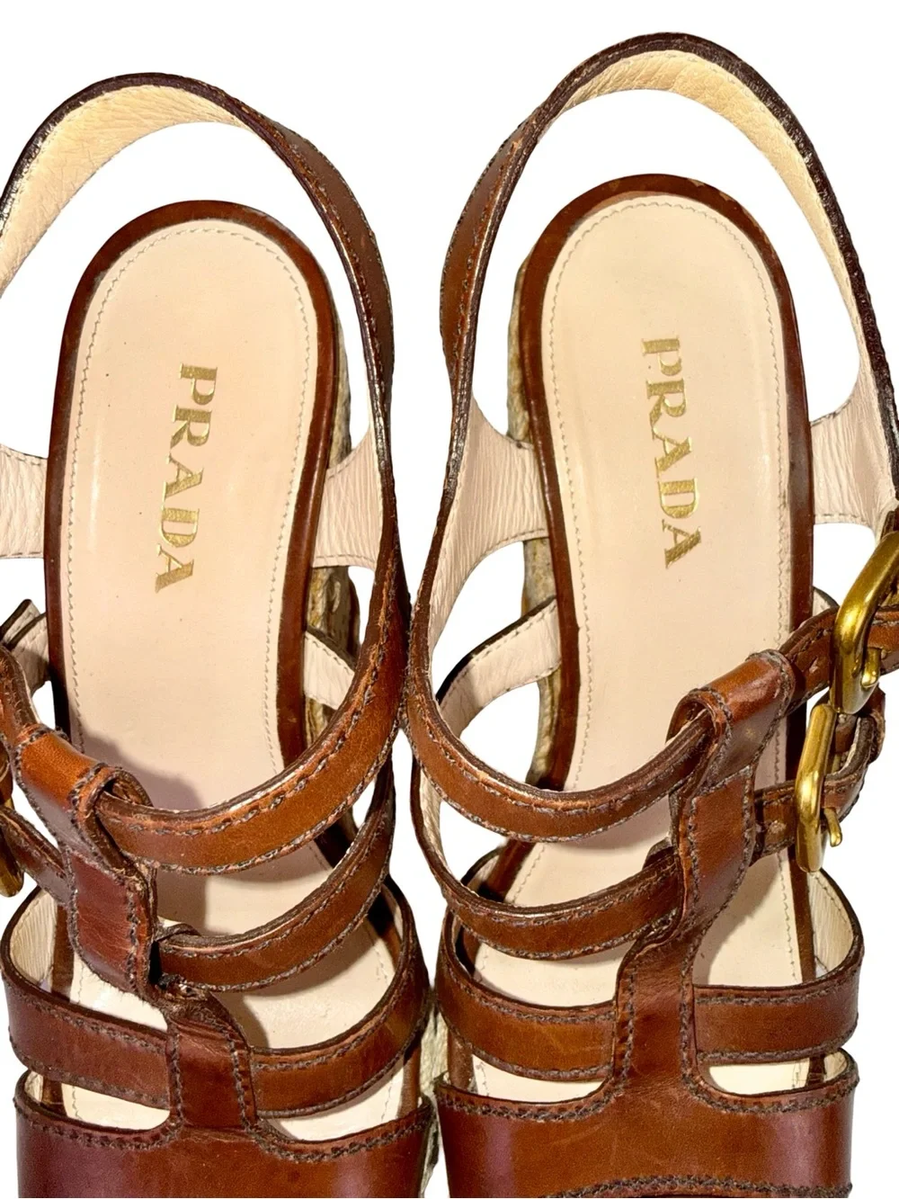 PRADA BROWN LEATHER STRAPPY SANDALS WITH CORK WEDGE HEELS